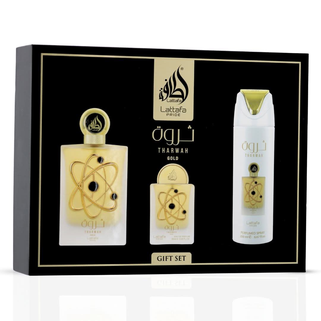 Tharwah Gold 3-Piece Perfume Gift Set by Lattafa Pride | Intense Oud